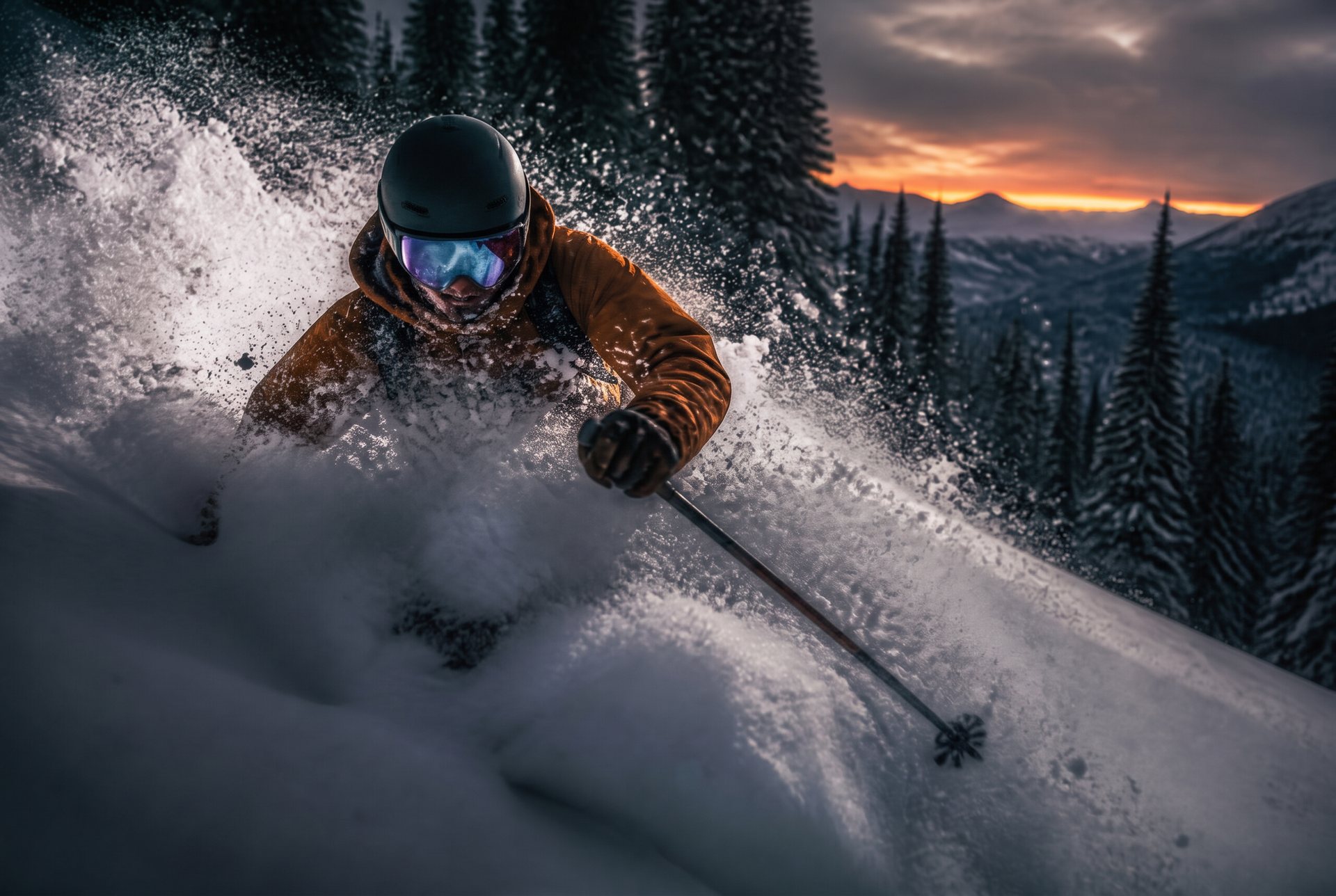 Skier carving through fresh powder